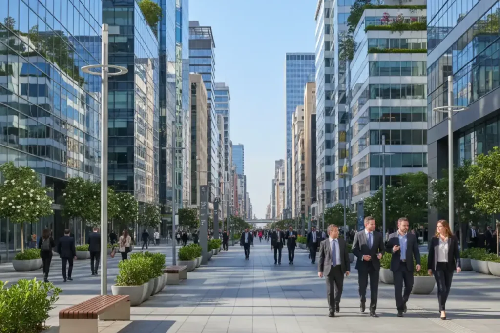 Transformación financiera 2026: Vista hiperrealista de una amplia avenida financiera en una ciudad latinoamericana, con edificios de oficinas lujosos, jardineras con plantas, mobiliario urbano moderno y varias personas con vestimenta ejecutiva caminando y conversando.